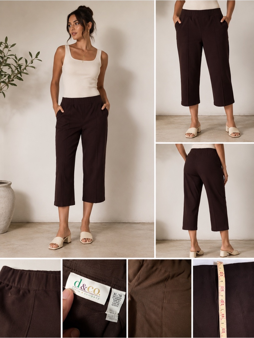 Chocolate Brown Pull On Crop Pants Minimalist Quiet Luxury Wide Leg Cropped 2X